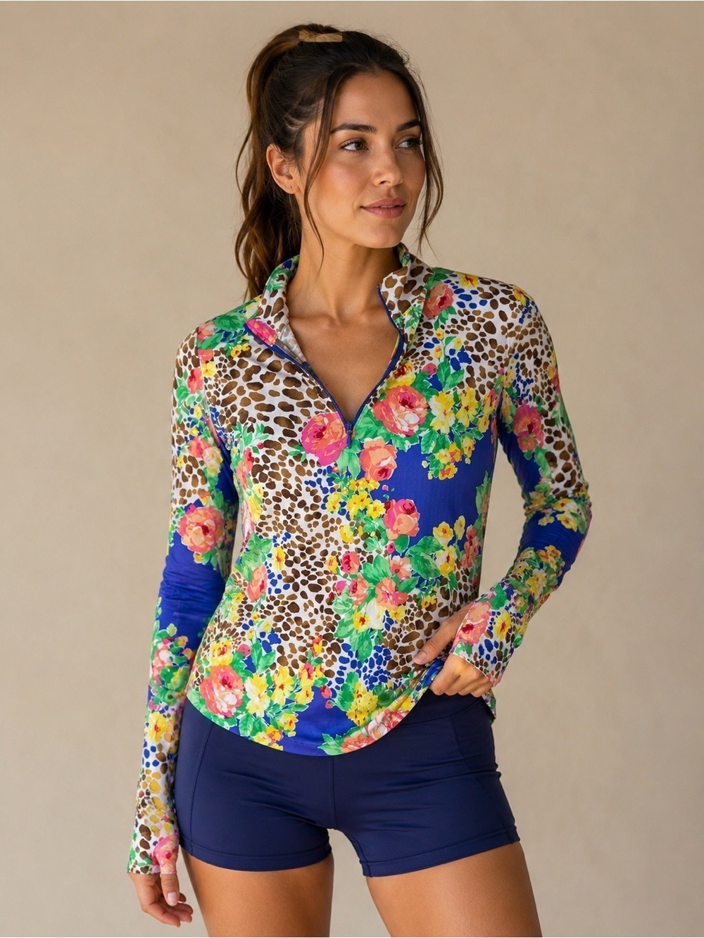 Gottex Lifestyle Floral Leopard 1/4 Zip Golf Performance Top M
